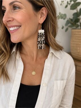 NWT Ink + Alloy Black White Gold Seed Bead Fringe Earrings Handmade Boho 3"